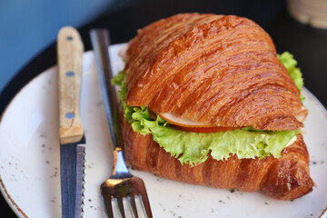 Delicious croissant sandwich served on a plate