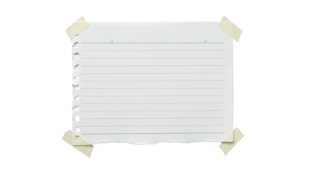 transparent lined paper with blue lines, torn edge, perforations, and neutral tape, flat lay on a transparent background with copy space, concept of new beginnings and potential