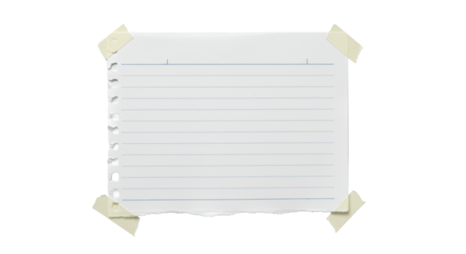 transparent lined paper with blue lines, torn edge, perforations, and neutral tape, flat lay on a transparent background with copy space, concept of new beginnings and potential - Powered by Adobe