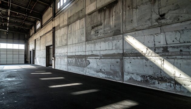 Abandoned industrial warehouse interior with concrete walls and natural light streaming in.