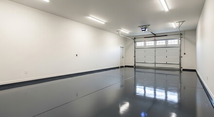 Spacious empty garage with shiny epoxy floor and white walls.