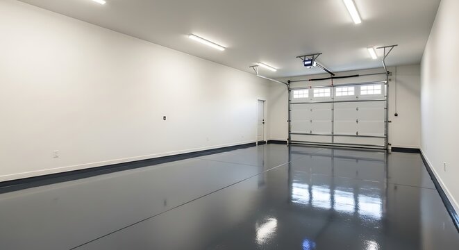 Spacious empty garage with shiny epoxy floor and white walls.