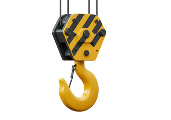 Isolated Crane Hook with Black and Yellow Hazard Stripes for Heavy Industrial Lifting
