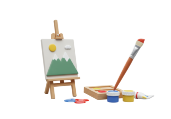 Isolated artist's easel, paints, and brush for painterly creative hobby or craft activity