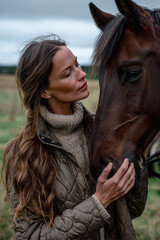 Fototapeta premium Profile shot of European woman stroking horse in lush green field during overcast day