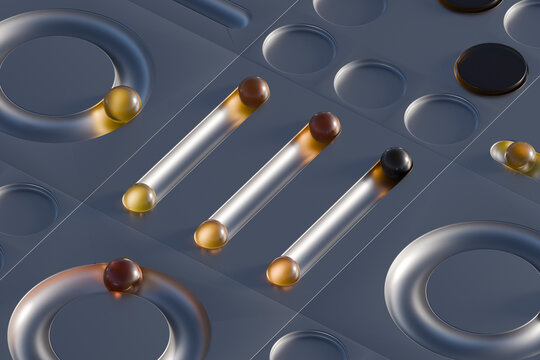 Geometric 3D abstract interface with glass marbles and modern pattern