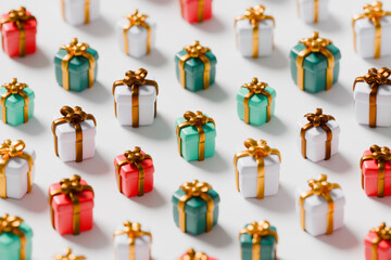 Christmas gifts with gold bows arranged in a festive 3D pattern