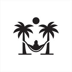 Silhouette of a person relaxing in a hammock between two palm trees under the sun.