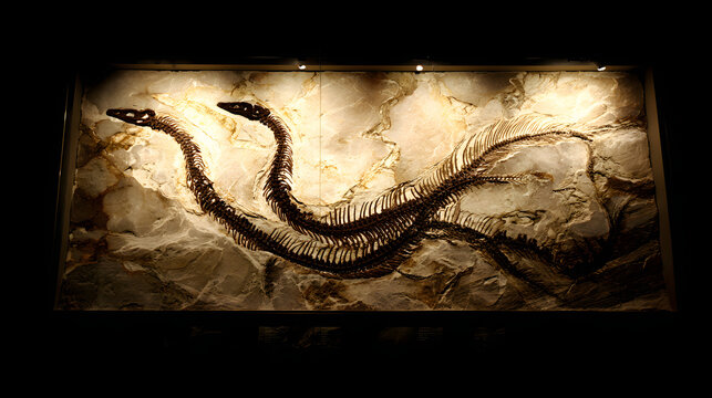 A fossilized two-headed serpent emerging dramatically from stone under museum lighting, evoking ancient mysteries.  
