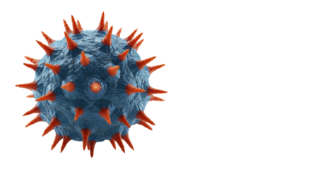 Meticulous 3D rendering of a blue spherical abstract particle with orange spikes, soft diffused studio light on a transparent background, concept of scientific discovery and innovation