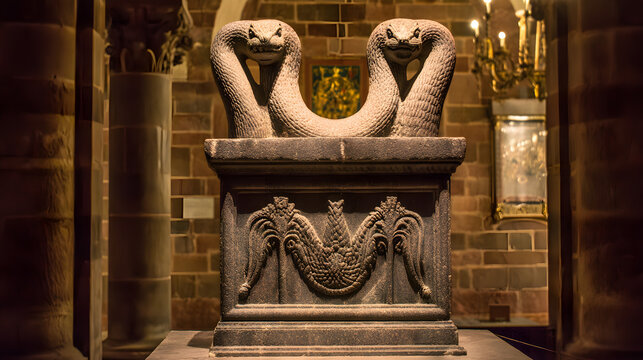 A fossilized two-headed serpent emerging dramatically from stone under museum lighting, evoking ancient mysteries.  
