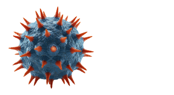 Meticulous 3D rendering of a blue spherical abstract particle with orange spikes, soft diffused studio light on a transparent background, concept of scientific discovery and innovation