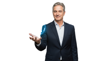 Isolated business senior man in suit holding something in hand with digital sphere effect