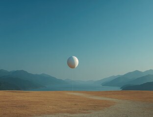 A single white balloon floats above a dried, golden landscape, overlooking a tranquil lake and hazy mountains.  A pale blue sky completes the scene