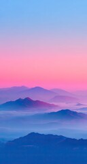Fototapeta premium Pink sunrise over misty mountain range, aerial view, peaceful landscape, travel poster