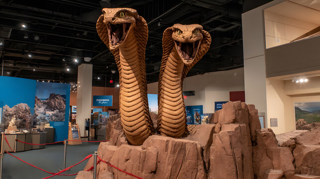 A fossilized two-headed serpent emerging dramatically from stone under museum lighting, evoking ancient mysteries.  
