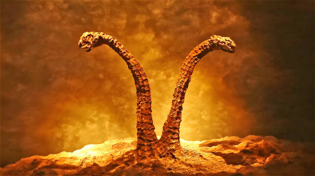 A fossilized two-headed serpent emerging dramatically from stone under museum lighting, evoking ancient mysteries.  
