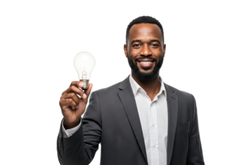 Isolated man holding a light bulb smiling, businessman having a bright idea or solution