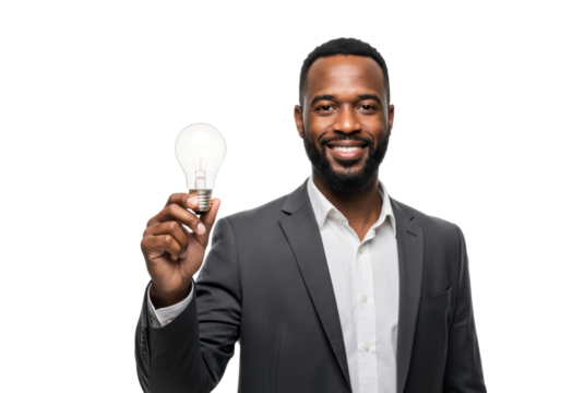 Isolated man holding a light bulb smiling, businessman having a bright idea or solution