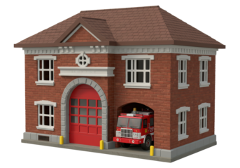 Isolated Fire Station Building with Red Truck, Emergency Services, Community Protection, and Support