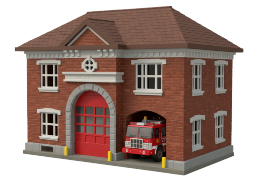 Isolated Fire Station Building with Red Truck, Emergency Services, Community Protection, and Support