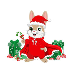 Cute Rabbit in Santa Costume with Christmas Gifts and Candy Canes. Christmas Bunny in a Red Cape Holding a Candy Cane. Happy Holiday Bunny Surrounded by Presents and Sweets. Animal in Christmas Theme.