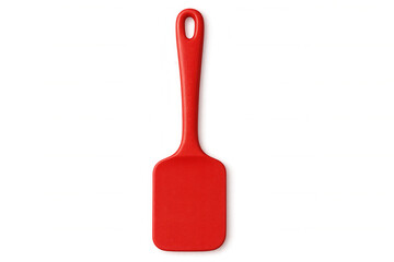 Red silicone spatula resting on transparent surface, perfect for mixing, scraping, and spreading culinary creations