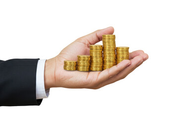 Isolated hand showing stacks of golden coins, financial increase, growth, savings, investment