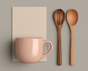 Pastel pink mug, wooden spoons, kraft paper