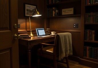 Cozy home office interior with a laptop, books, and a warm light from a desk lamp, creating a comfortable workspace.