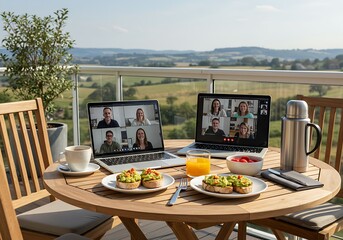 Outdoor breakfast on balcony with laptops displaying video calls, overlooking a scenic landscape.