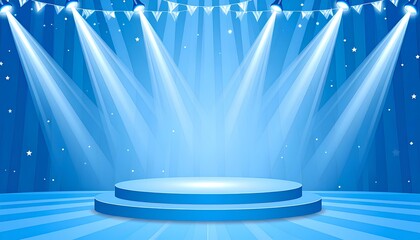 cartoon illustration of blank blue stage podium background with the lights