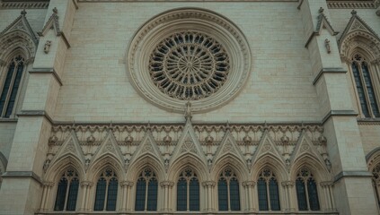 Ornate stone facade of a gothic cathedral, displaying intricate arched windows and a large round rose window.