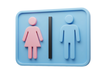 Isolated public restroom sign with pink female and blue male figure icons on light blue