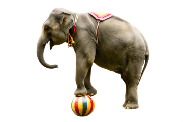 Elephant balancing on a colorful ball on its trunk isolated on a transparent background