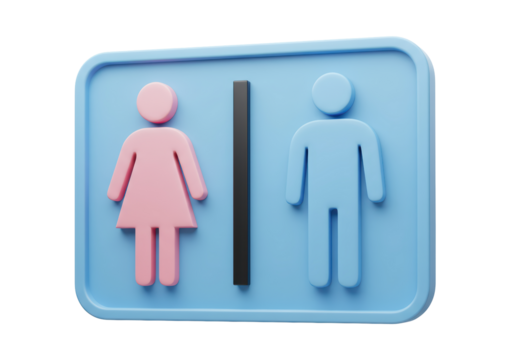Isolated public restroom sign with pink female and blue male figure icons on light blue - Powered by Adobe