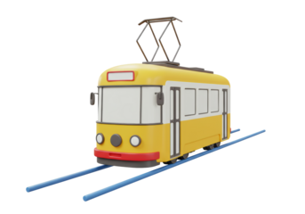 Isolated vintage yellow trolley with railway, transportation system on track for urban travel