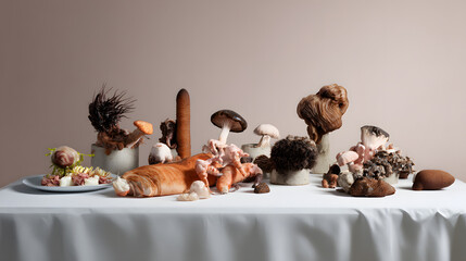 Surreal banquet table with foods transforming into jagged, gut-irritating shapes.  
