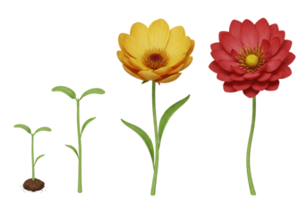 Isolated flowering plant life cycle sequence, from seedling through sprout to vibrant blooms