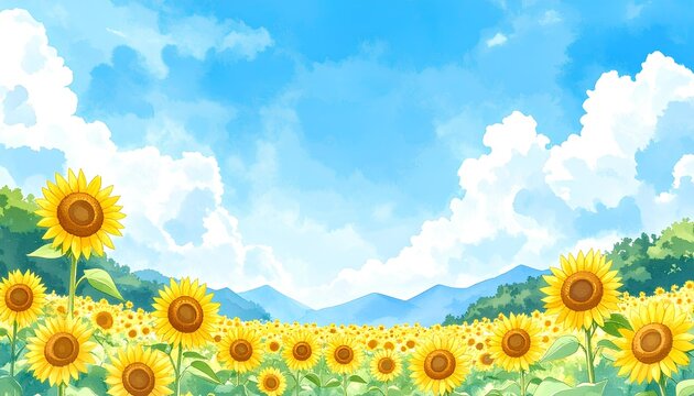 watercolor illustration of sunflower field with blue sky background - Powered by Adobe