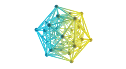 Luminous polyhedral abstract geometric structure with vibrant neon gradient lines (blue to yellow), floating in transparent void with no shadows, ultra-realistic studio shot, concept of advanced