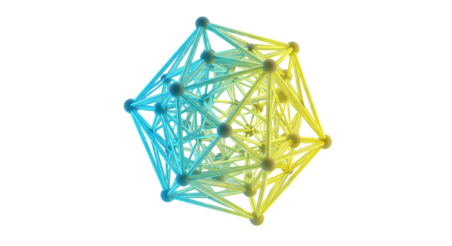 Luminous polyhedral abstract geometric structure with vibrant neon gradient lines (blue to yellow), floating in transparent void with no shadows, ultra-realistic studio shot, concept of advanced
