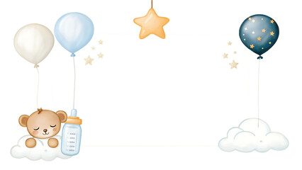 Cute watercolor teddy bear with baby bottle and balloons for newborn baby announcement isolated on transparent background