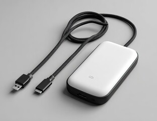 White rectangular device with black accents and braided cables