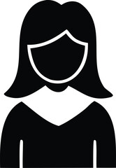 Simple black silhouette icon of a woman with shoulder-length hair and a v-neck top representing female user profile or person