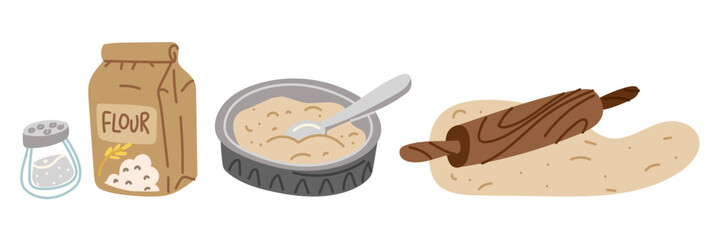 Dough preparation set. Flour, salt, kneading in plate, rolling out dough with rolling pin. Flat color isolated illustration. Food products, process of preparing dough for baking from rolled thin dough
