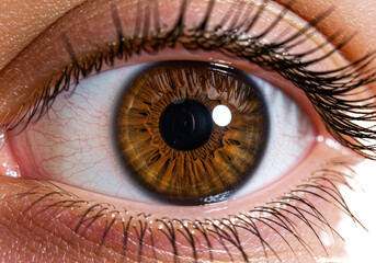 Isolated closeup macro shot of a brown eye, showing texture, vessels, and eyelashes