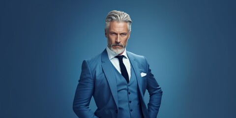 Close-up portrait of a stylish grey haired middle aged man in a blue suit. Photo with copy space on blue background.