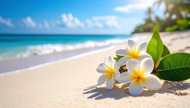 frangipani flowers on the beach with copy space