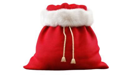 Red sack gift bag isolated on transparent background with festive charm